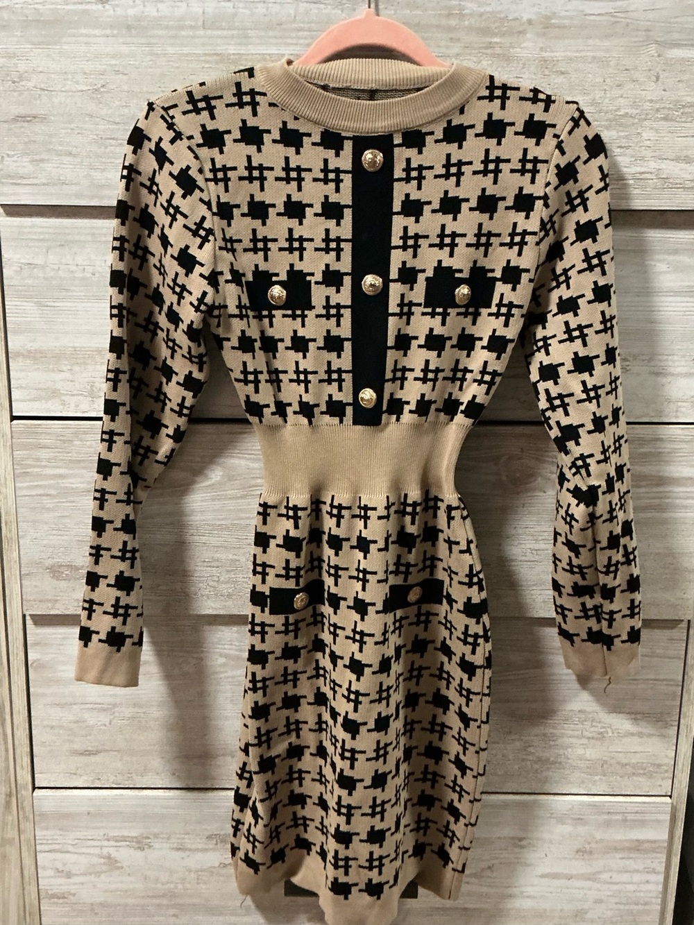Beige and Black Long-Sleeve Knit Patterned Dress with Gold Buttons